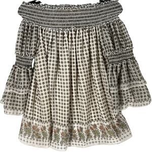 Max Studio Peasant Blouse XS Beige Off the Shoulder Smock Cottagecore Flowy Boho